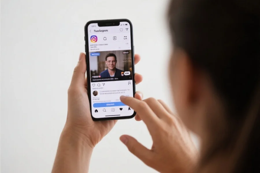 用户在智能手机上浏览社交媒体平台，屏幕上有直播视频和实时评论互动